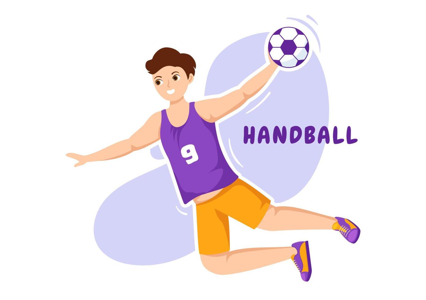 ilustración de balonmano de un jugador que toca la pelota con la mano y marca un gol en una plantilla de dibujo a mano de caricatura plana de competencia deportiva vector