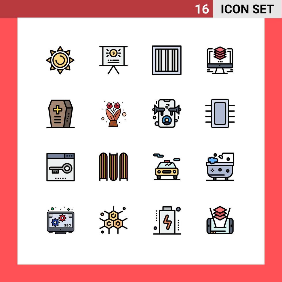 Group of 16 Flat Color Filled Lines Signs and Symbols for flower halloween prison coffin computer Editable Creative Vector Design Elements