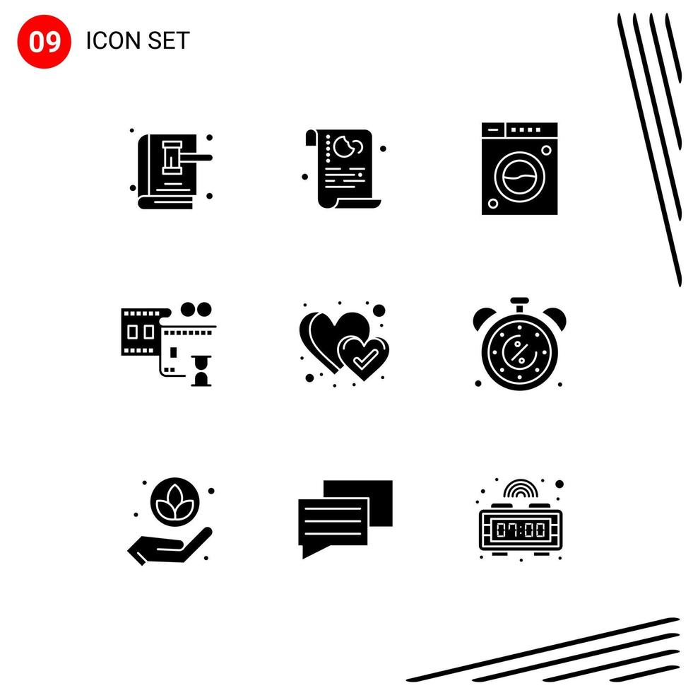 Pictogram Set of 9 Simple Solid Glyphs of favorite film stip privacy film reel machine Editable Vector Design Elements