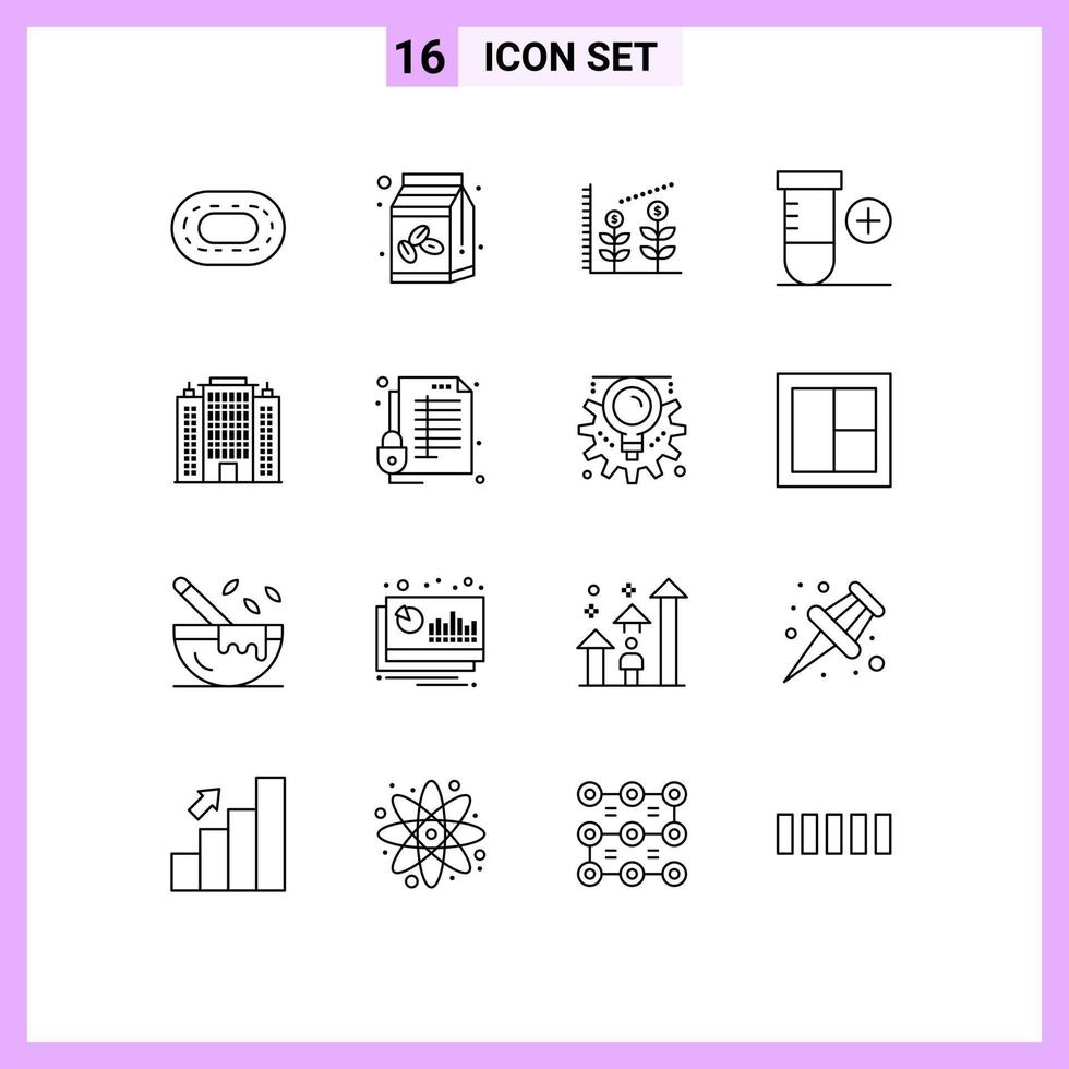 Pack of 16 Modern Outlines Signs and Symbols for Web Print Media such as lock building investment architecture space Editable Vector Design Elements