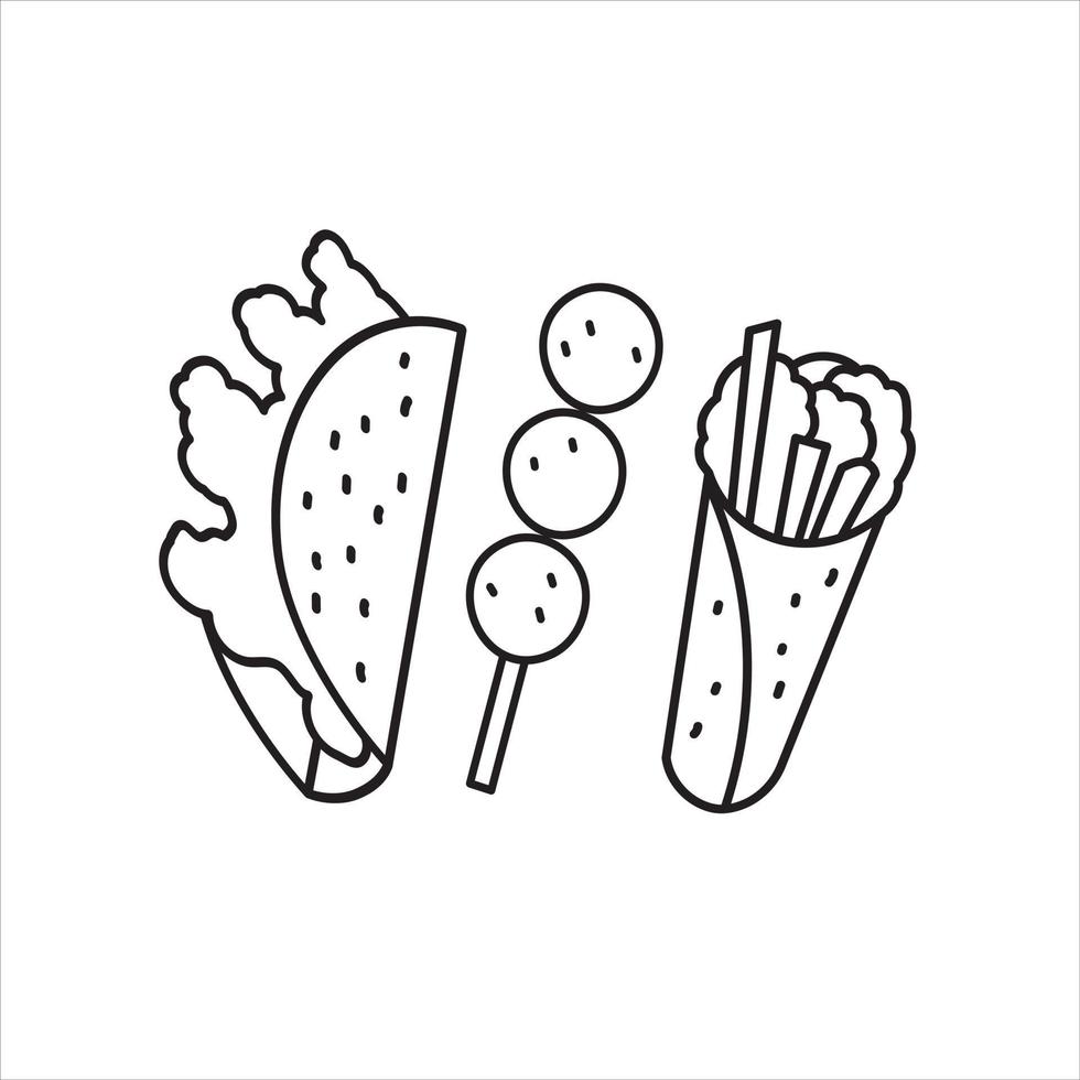 kawai icon food item with coloring page for kids vector