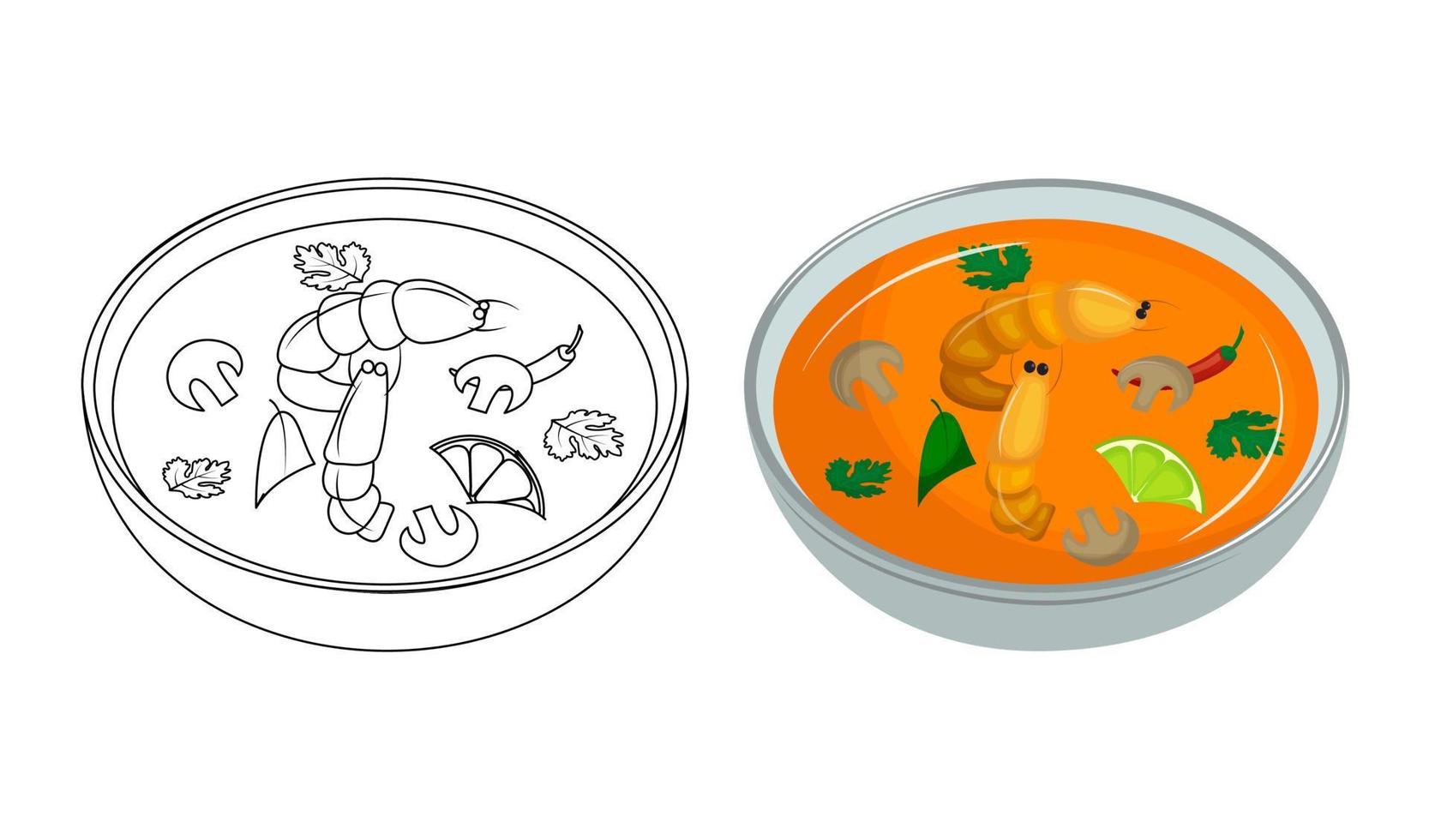 Sharp Thai soup - Tom Yam with shrimp. Kids coloring book for elementary school. Traditional Asian cuisine. Vector illustration. Cartoon.