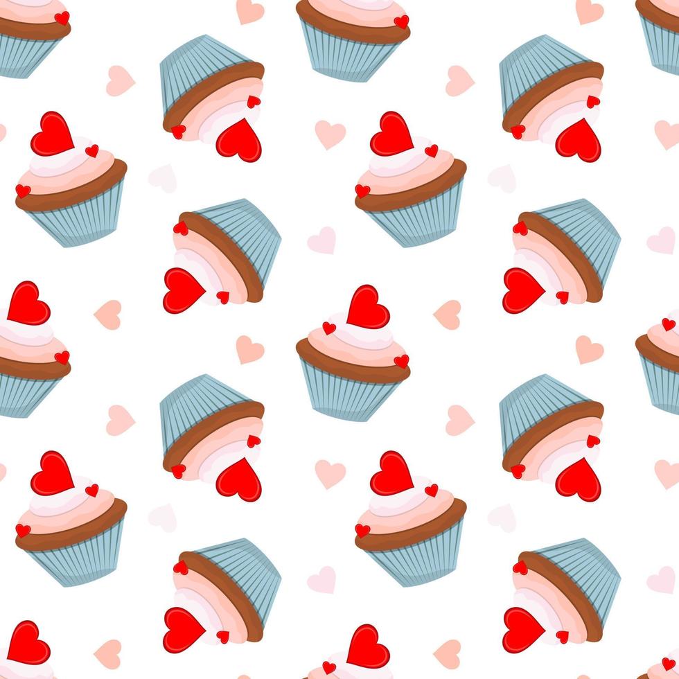 Vector seamless pattern. Valentine's day. Cupcakes with hearts.