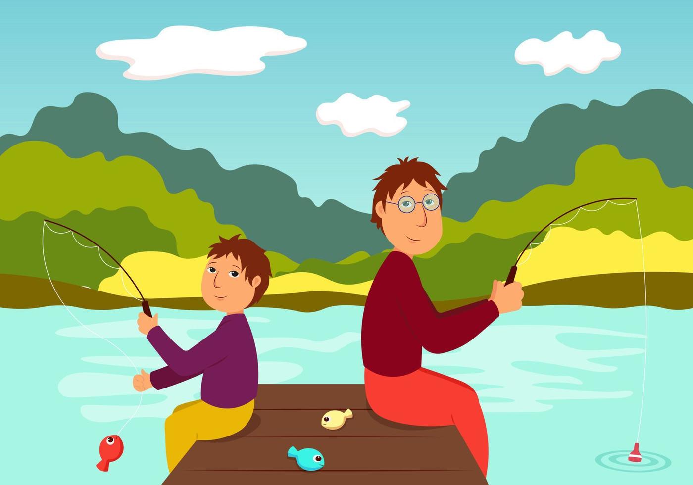 Vector illustration with father and son fishing on the lake. Father's Day. Cartoon illustration. Vector illustration