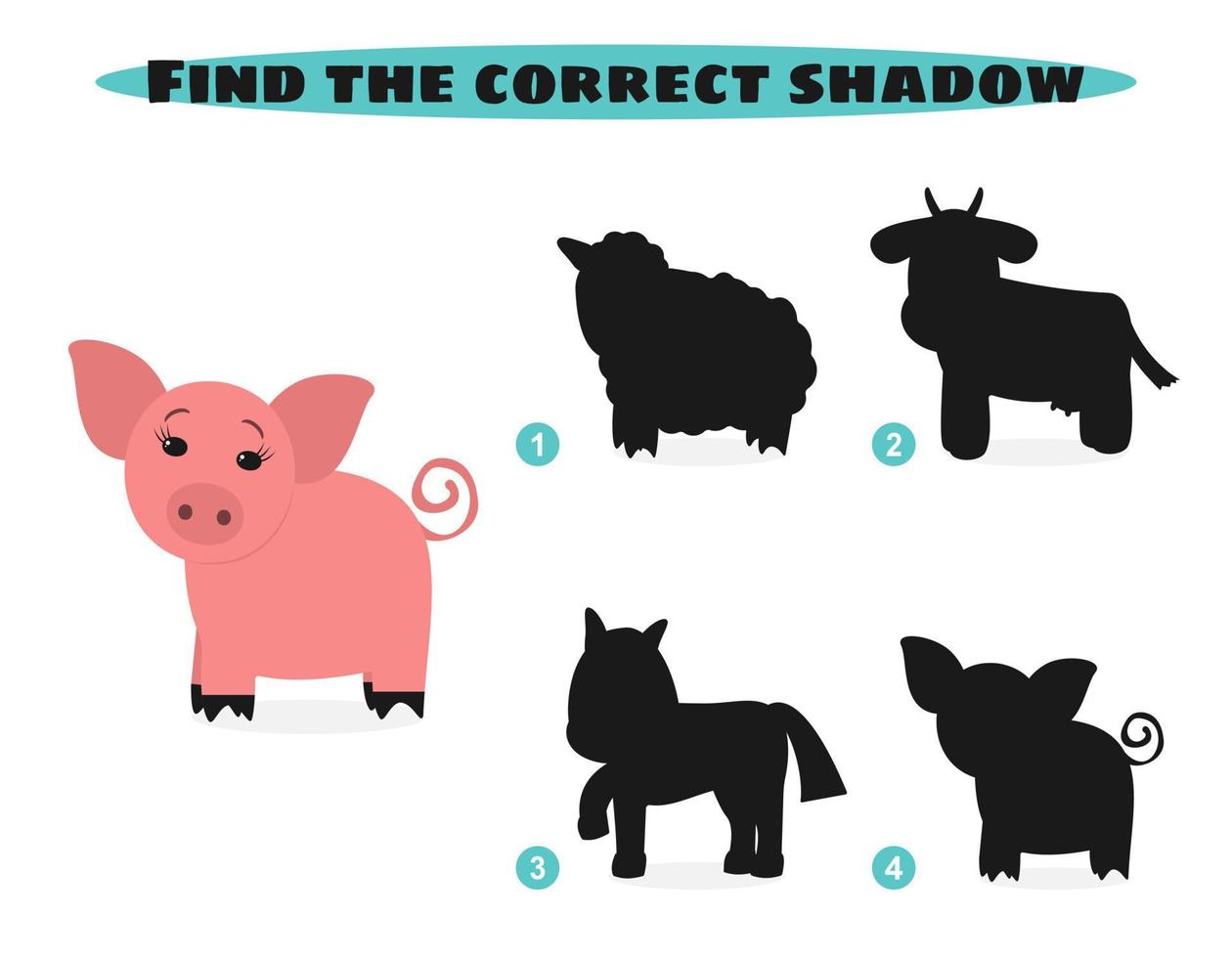 Find correct shadow. Funny cartoon farm animals. Education and activity game for children. Vector illustration.