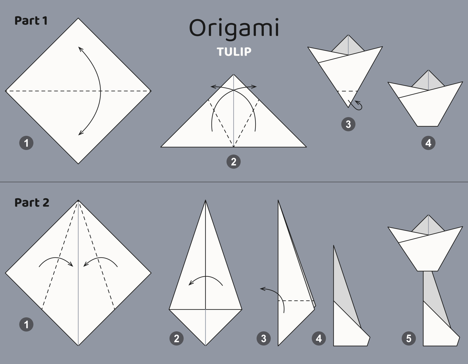 esquema de origami de tulipán tutorial. elementos de origami aislados