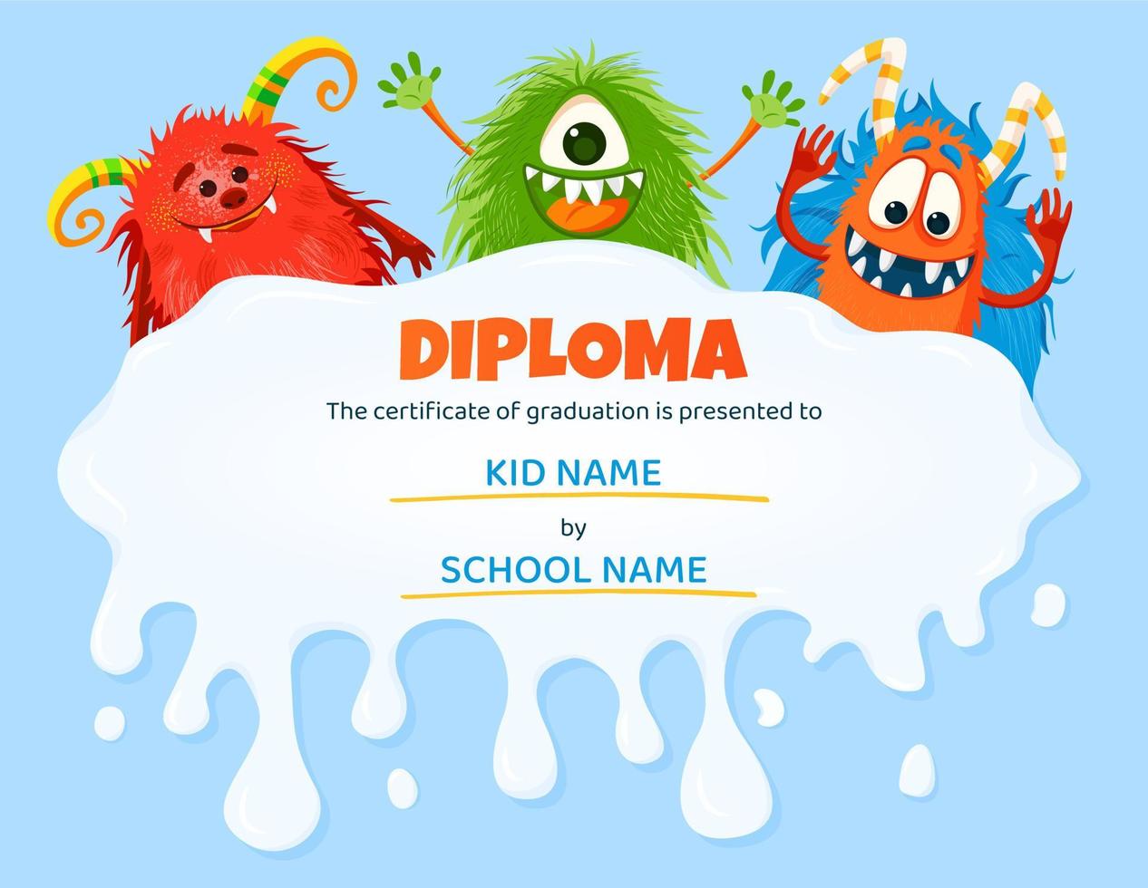Kids diploma with cartoon funny monster characters. Education award frame template for school, summer camp or kindergarten certificate. Vector certificate with Monsters.