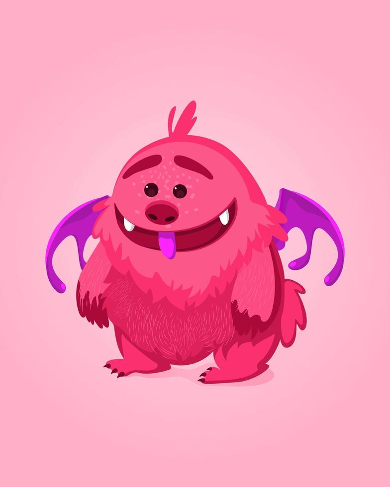 Happy cartoon Monster with purple wings. Colorful isolated Vector illustration for any use.