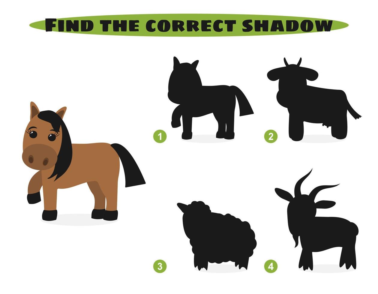 Find correct shadow. Funny cartoon farm animals. Education and activity game for children. Vector illustration.