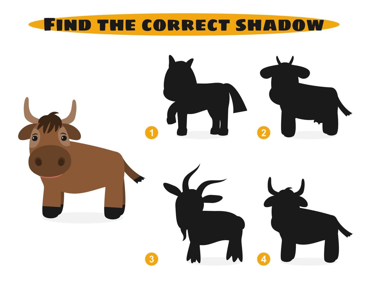 Find correct shadow. Funny cartoon farm animals. Education and activity game for children. Vector illustration.