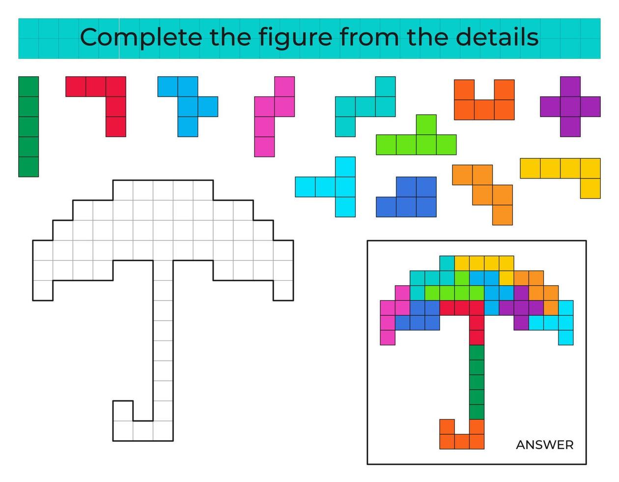 completa la figura. juego de rompecabezas con paraguas. juego educativo para niños, actividad de la hoja de trabajo preescolar. juego de tetris vector