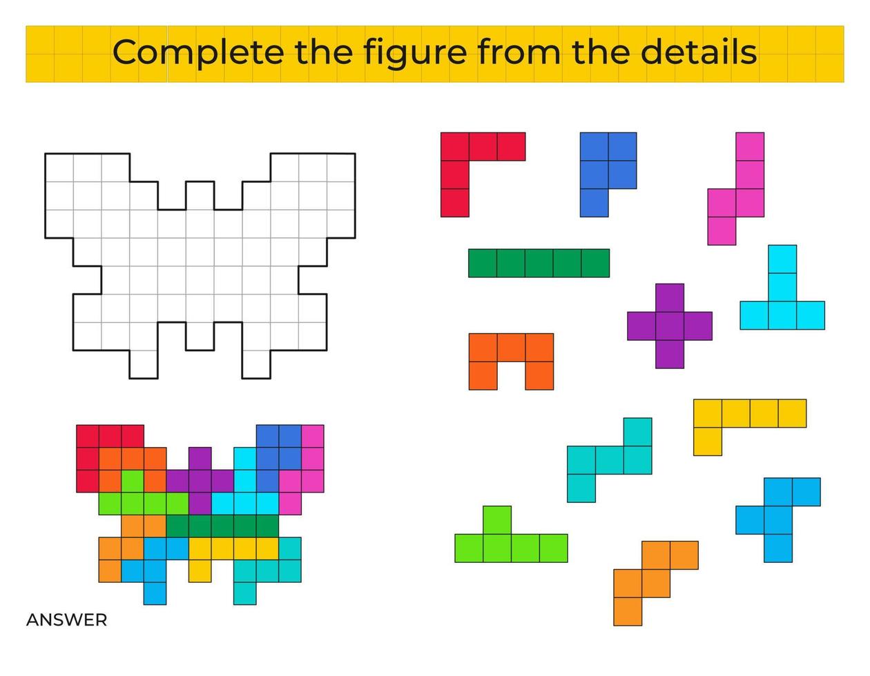 Complete the figure. Puzzle game with butterfly. Education game for kids, preschool worksheet activity. Tetris game. vector