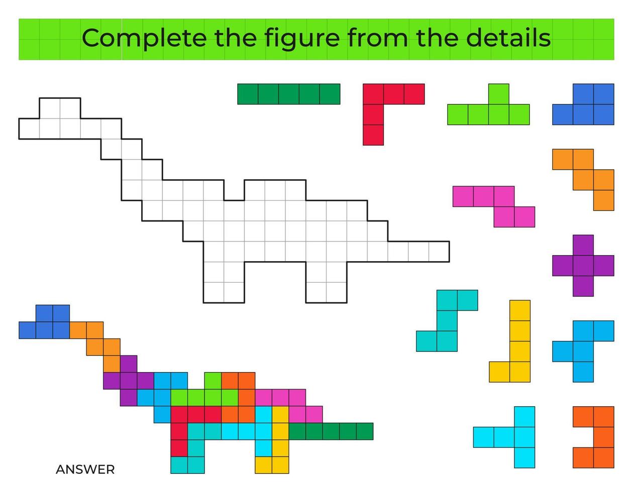 Complete the figure. Puzzle game with dinosaur. Education game for kids, preschool worksheet activity. Tetris game. vector