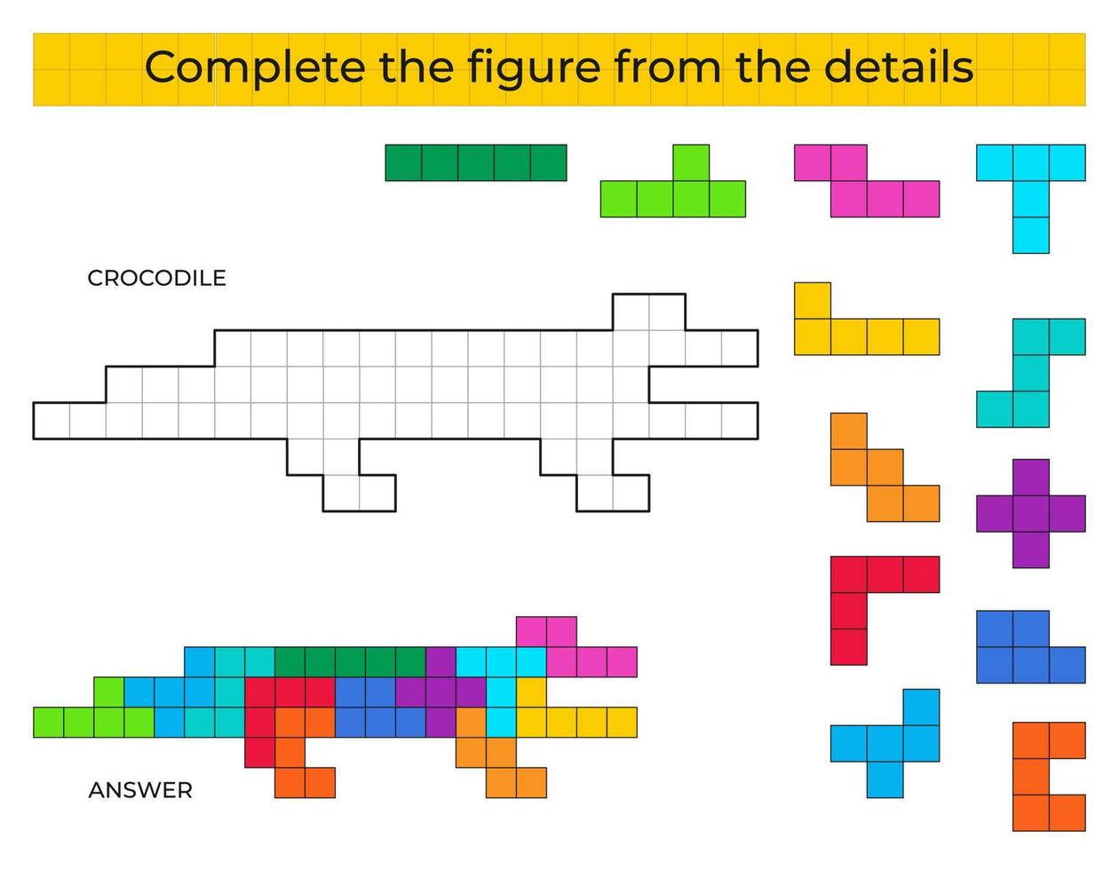 completa la figura. juego de rompecabezas con cocodrilo. juego educativo para niños, actividad de la hoja de trabajo preescolar. juego de tetris vector