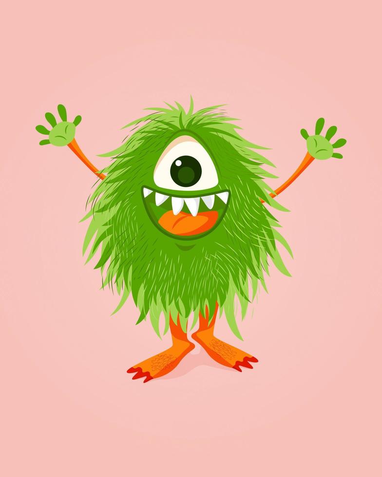 Happy cartoon Monster with green fur and fangs. Colorful isolated Vector illustration for any use.
