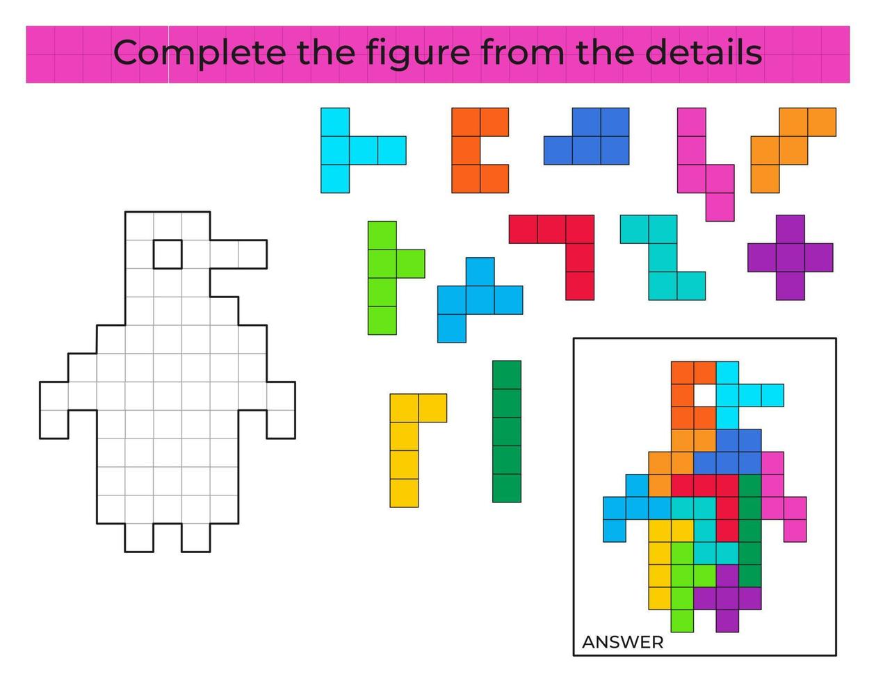 Complete the figure. Puzzle game with Penguin. Education game for kids, preschool worksheet activity. Tetris game. vector