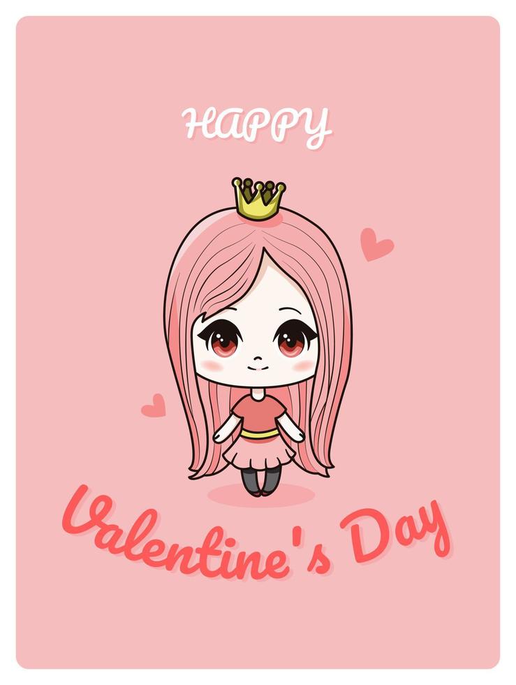 Valentine's Day. Vector cute illustrations with cartoon anime girl in chibi style. Princess with crown and hearts. Cartoon postcard and poster.