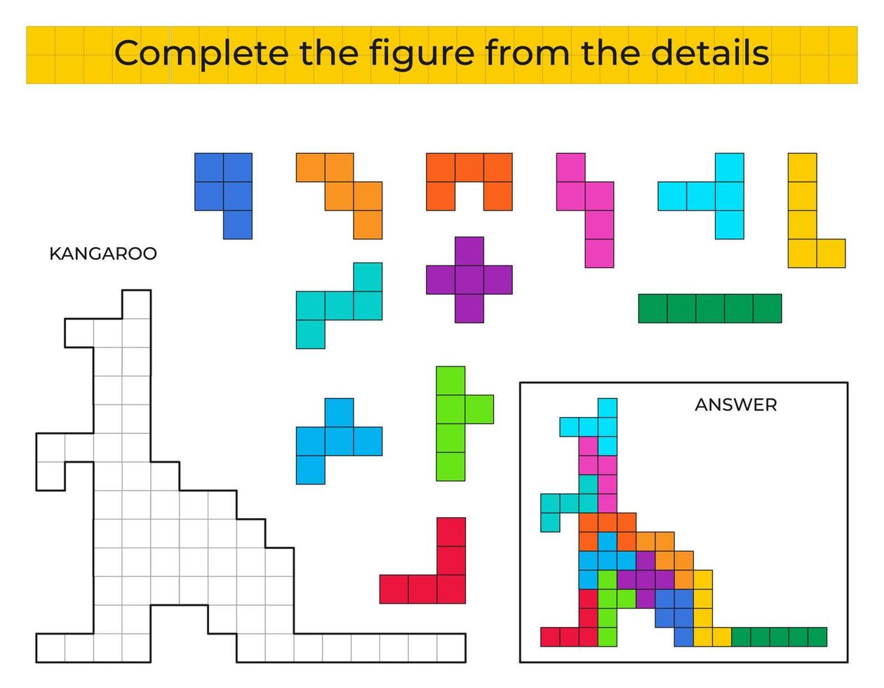 juego de rompecabezas con canguro. detalles coloridos para niños. figura completa. juego educativo para niños, actividad de la hoja de trabajo preescolar. rompecabezas. ilustración vectorial vector