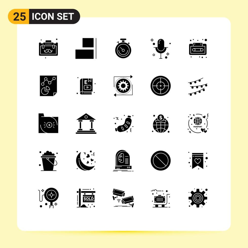 Pictogram Set of 25 Simple Solid Glyphs of cassette audio sports record media Editable Vector Design Elements