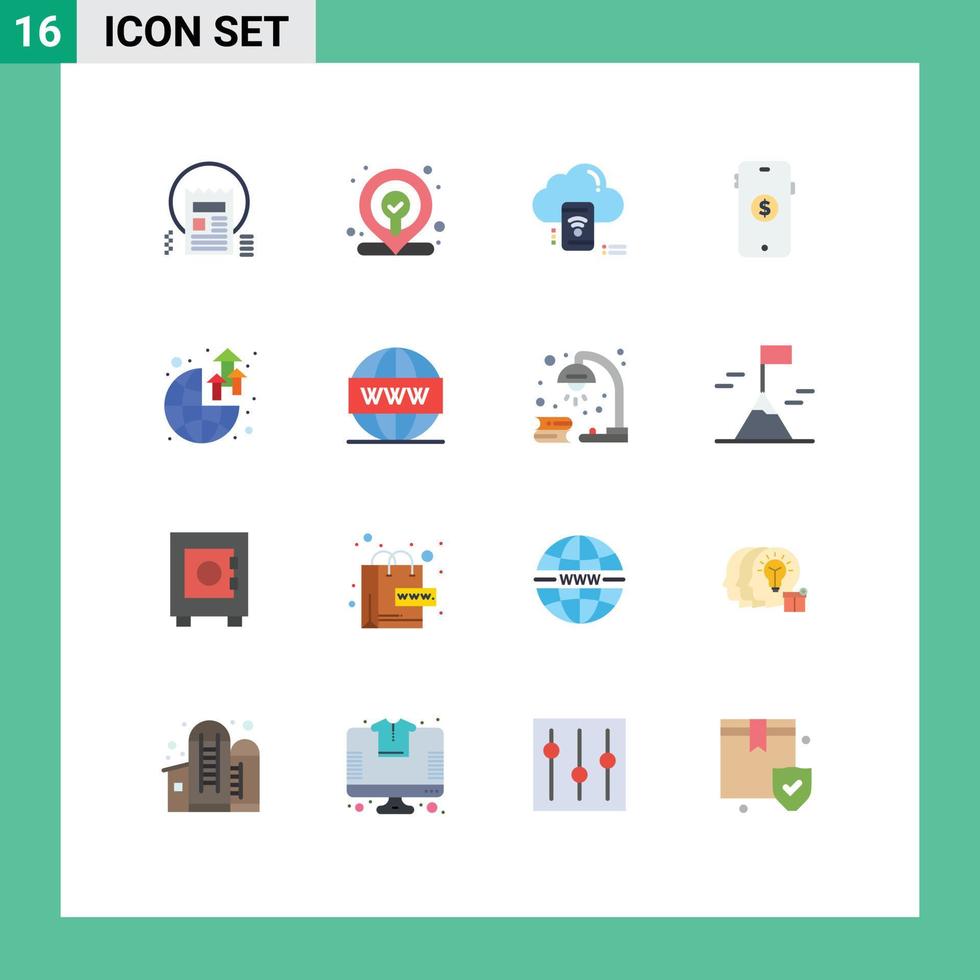 paquete de 16 signos y símbolos modernos de colores planos para medios de impresión web, como el mercado wifi de compras global, paquete editable conectado de elementos de diseño de vectores creativos