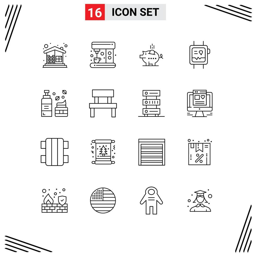 Group of 16 Modern Outlines Set for cosmetics monitor piggybank health savings Editable Vector Design Elements