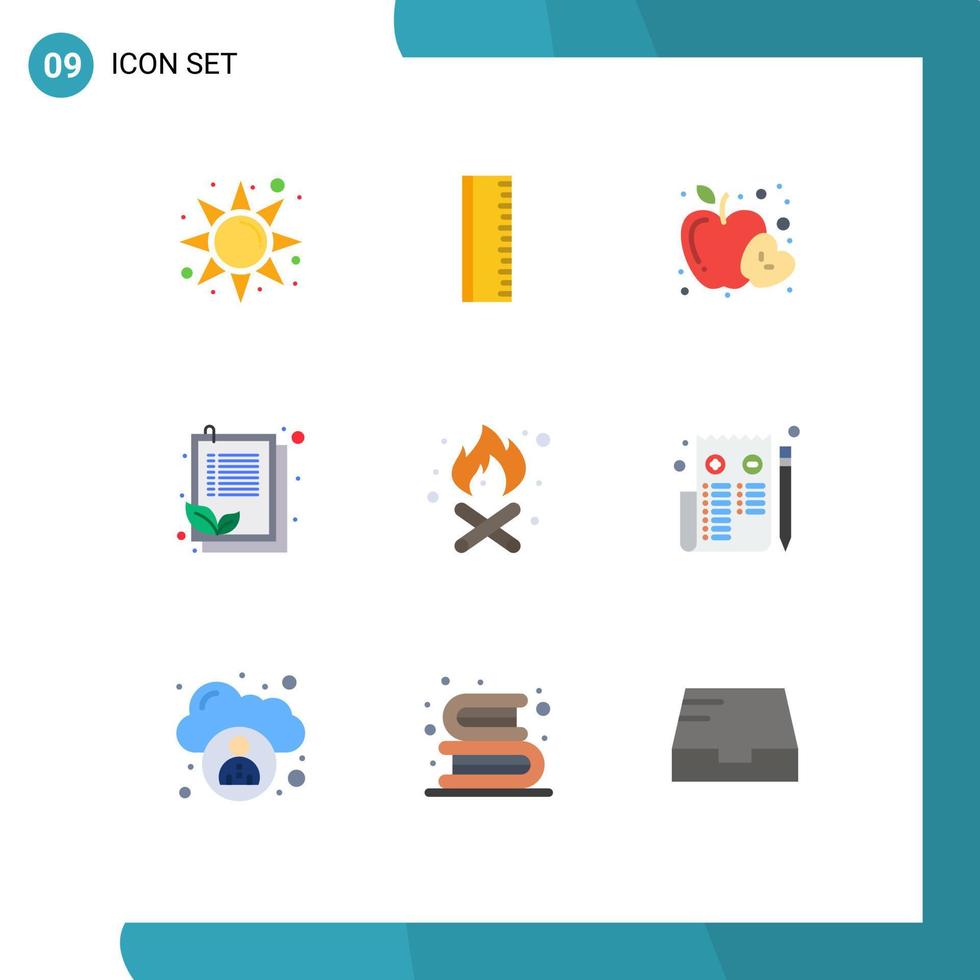 conjunto moderno de 9 colores planos y símbolos como la lista de camping de frutas de fuego del navegador elementos de diseño vectorial editables vector