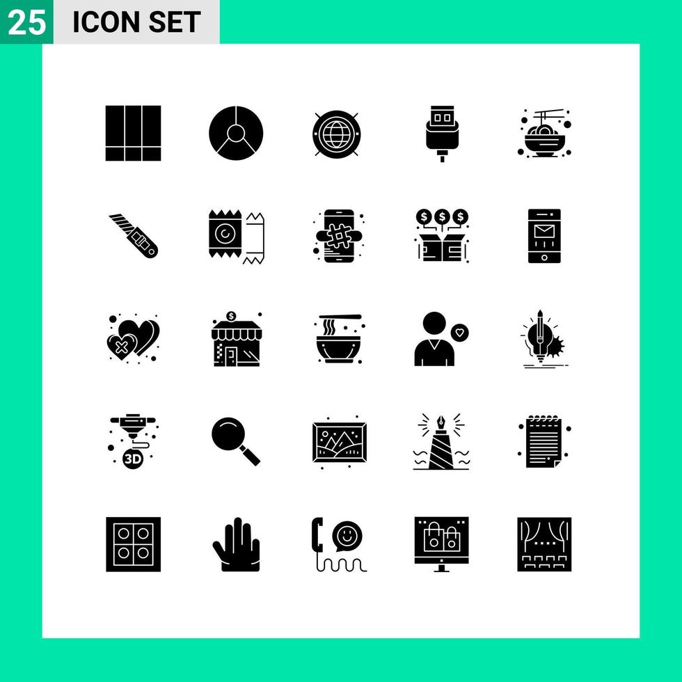 25 Thematic Vector Solid Glyphs and Editable Symbols of china connector pie charge computing Editable Vector Design Elements