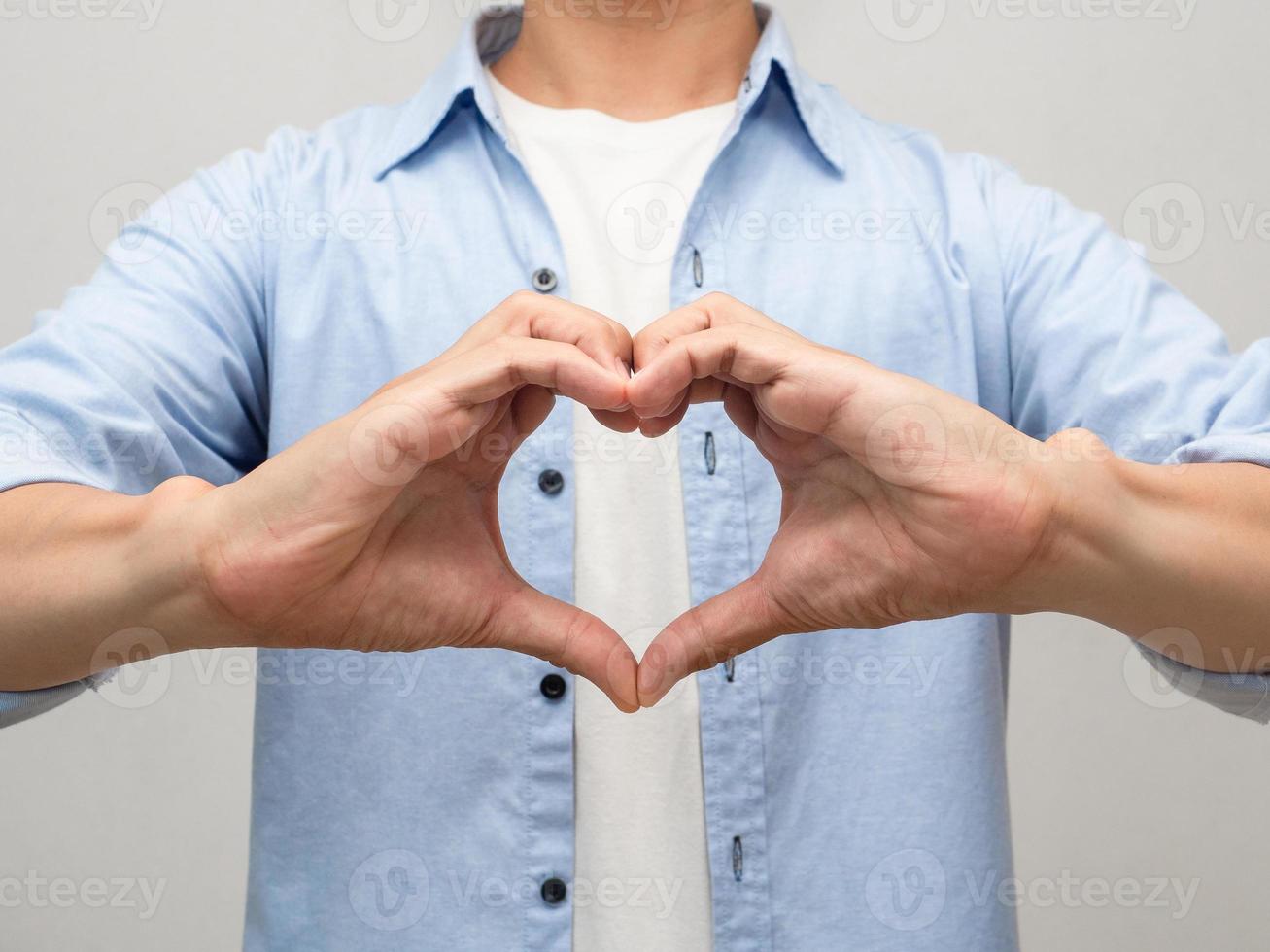 Close up man make hands heart for lover studio shot portrait photo