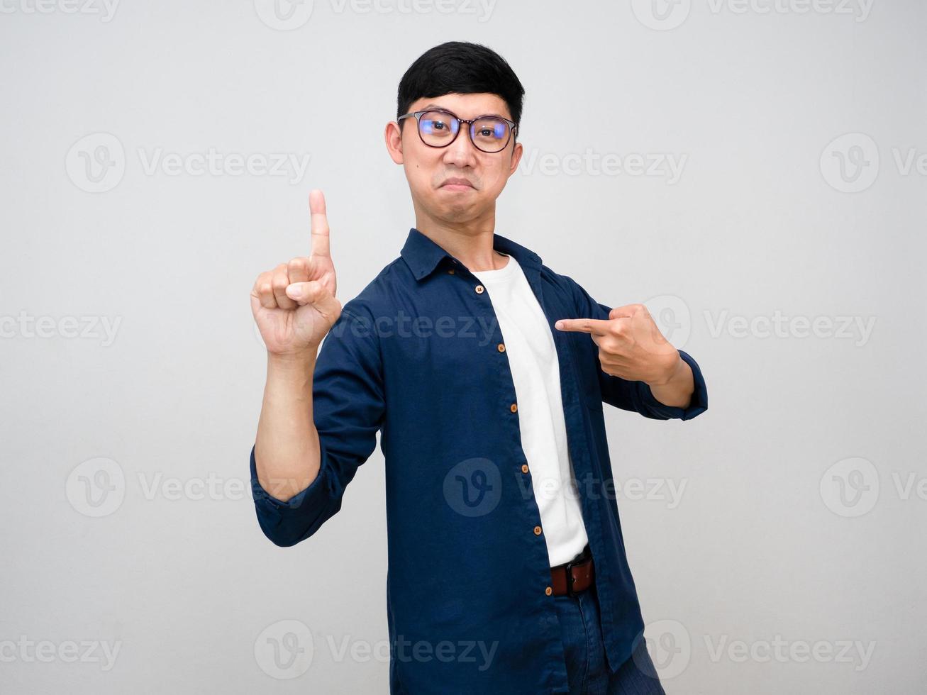 Positive asian businessman gesture confident show one finger up and point finger at himself isolated photo