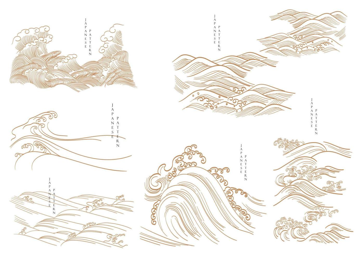Chinese hand drawn ocean sea decoration icon with line pattern vintage style. Gold oriental elements in ancient style. vector
