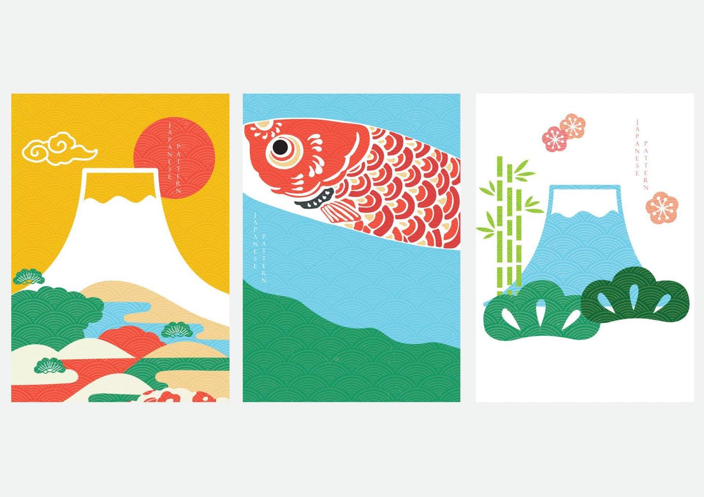 Japanese background with Asian icon and symbol vector. Crap fish, Fuji mountain and bonsai decoration with wave pattern in vintage style. vector