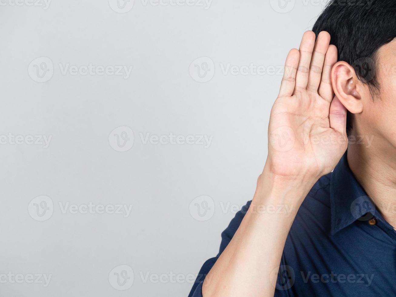 Close up man gesture listening isolated photo