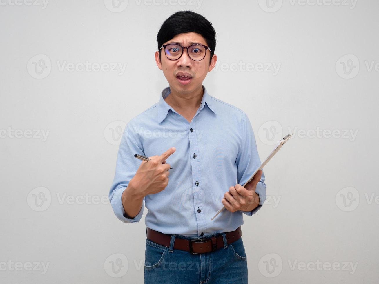 Businessman wear glasses blue shirt serious face holding document board point finger at himself feels confused isolated photo