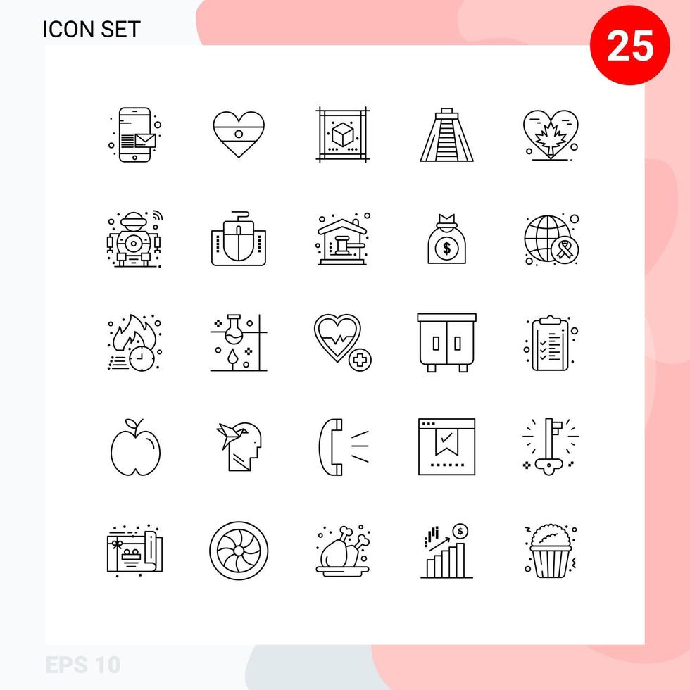 Modern Set of 25 Lines and symbols such as autumn heart cube monument chichen itza Editable Vector Design Elements