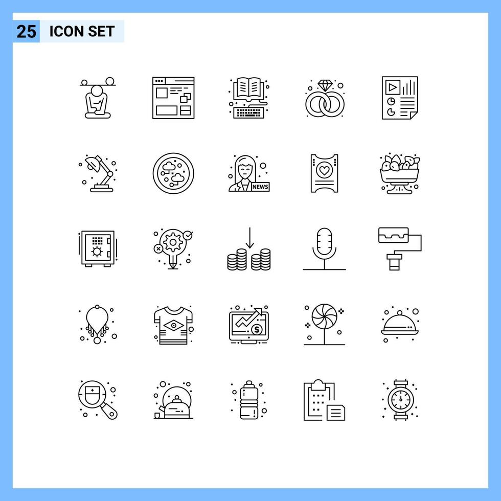 25 Universal Lines Set for Web and Mobile Applications ring diamond web online keyboard Editable Vector Design Elements