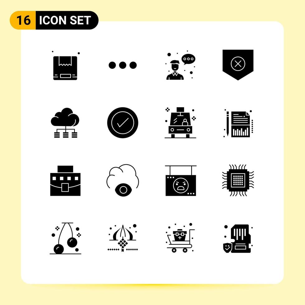 16 User Interface Solid Glyph Pack of modern Signs and Symbols of storage cloud employee x security Editable Vector Design Elements