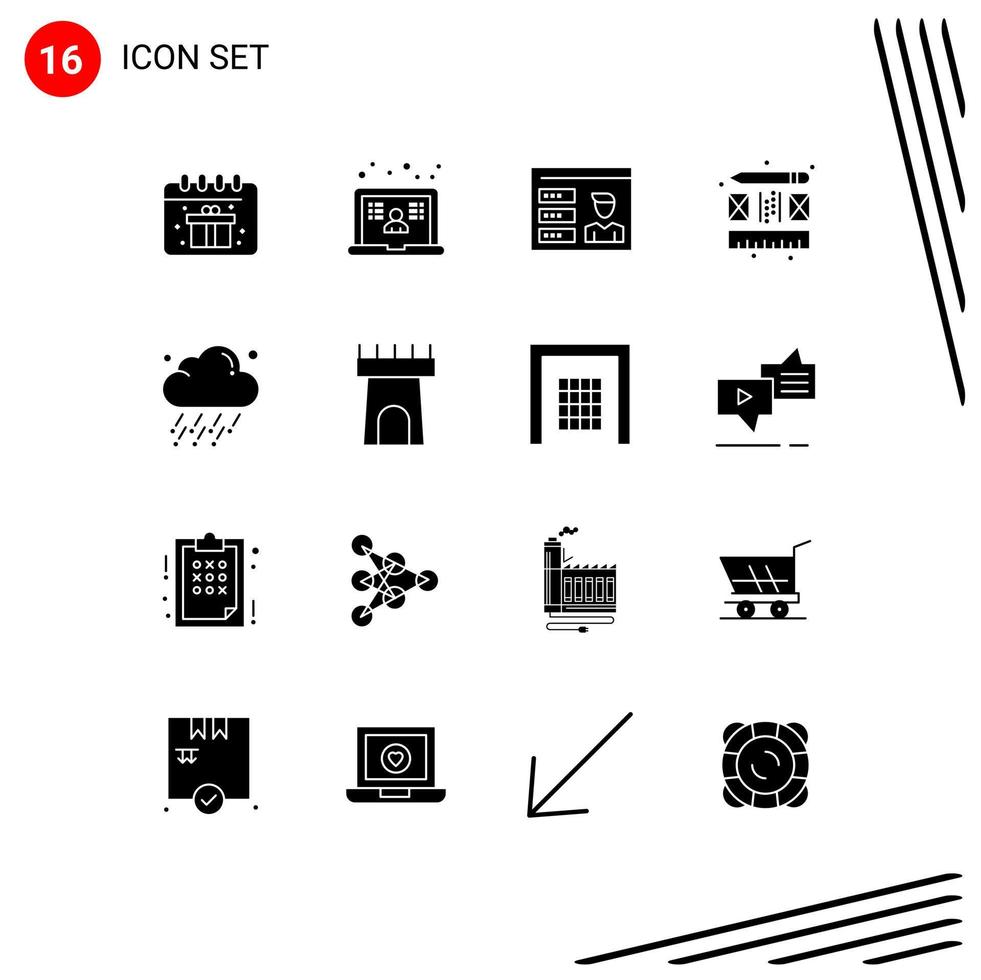 Set of 16 Commercial Solid Glyphs pack for wind rain profile cloud process Editable Vector Design Elements