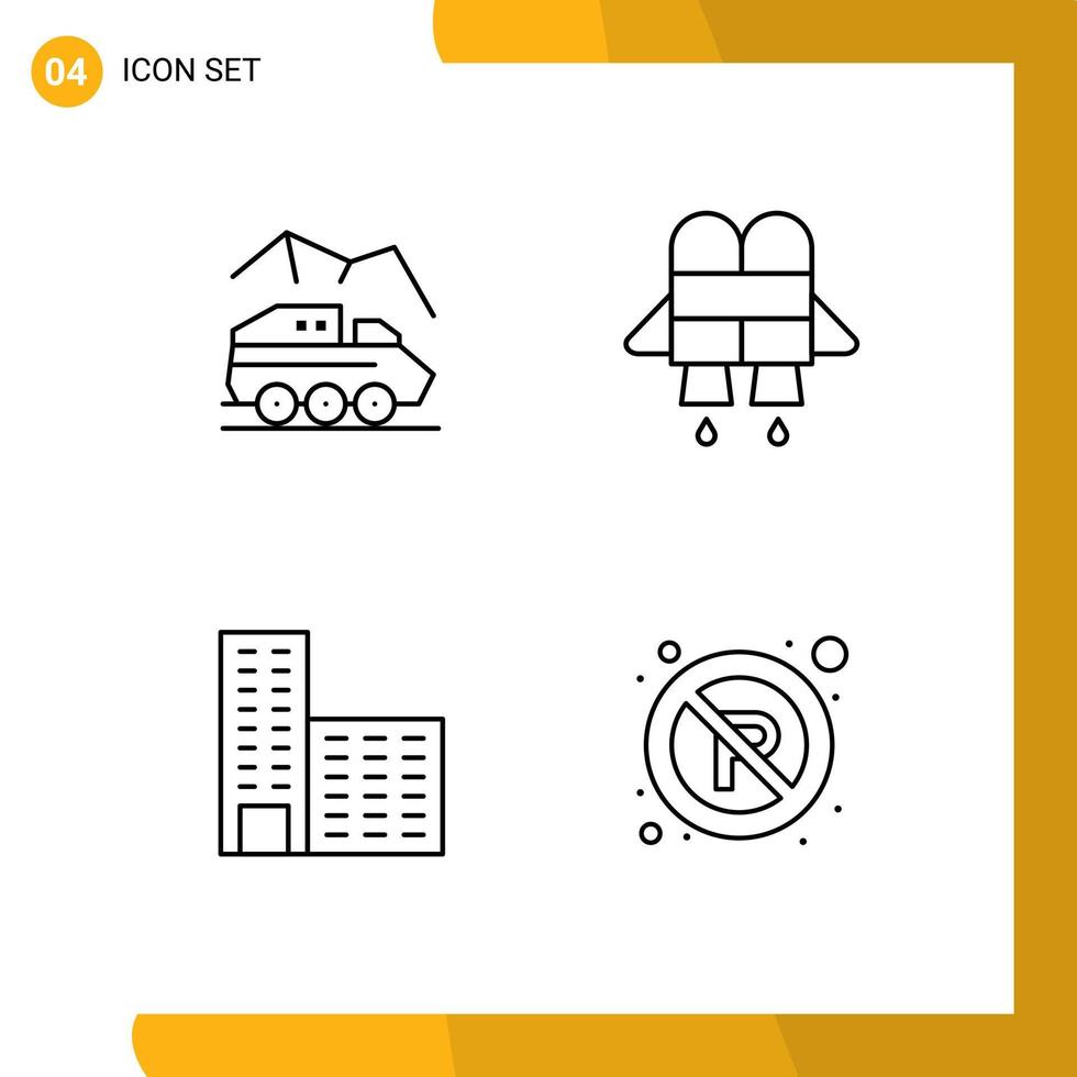 Mobile Interface Line Set of 4 Pictograms of exploration construction surface jetpack parking Editable Vector Design Elements