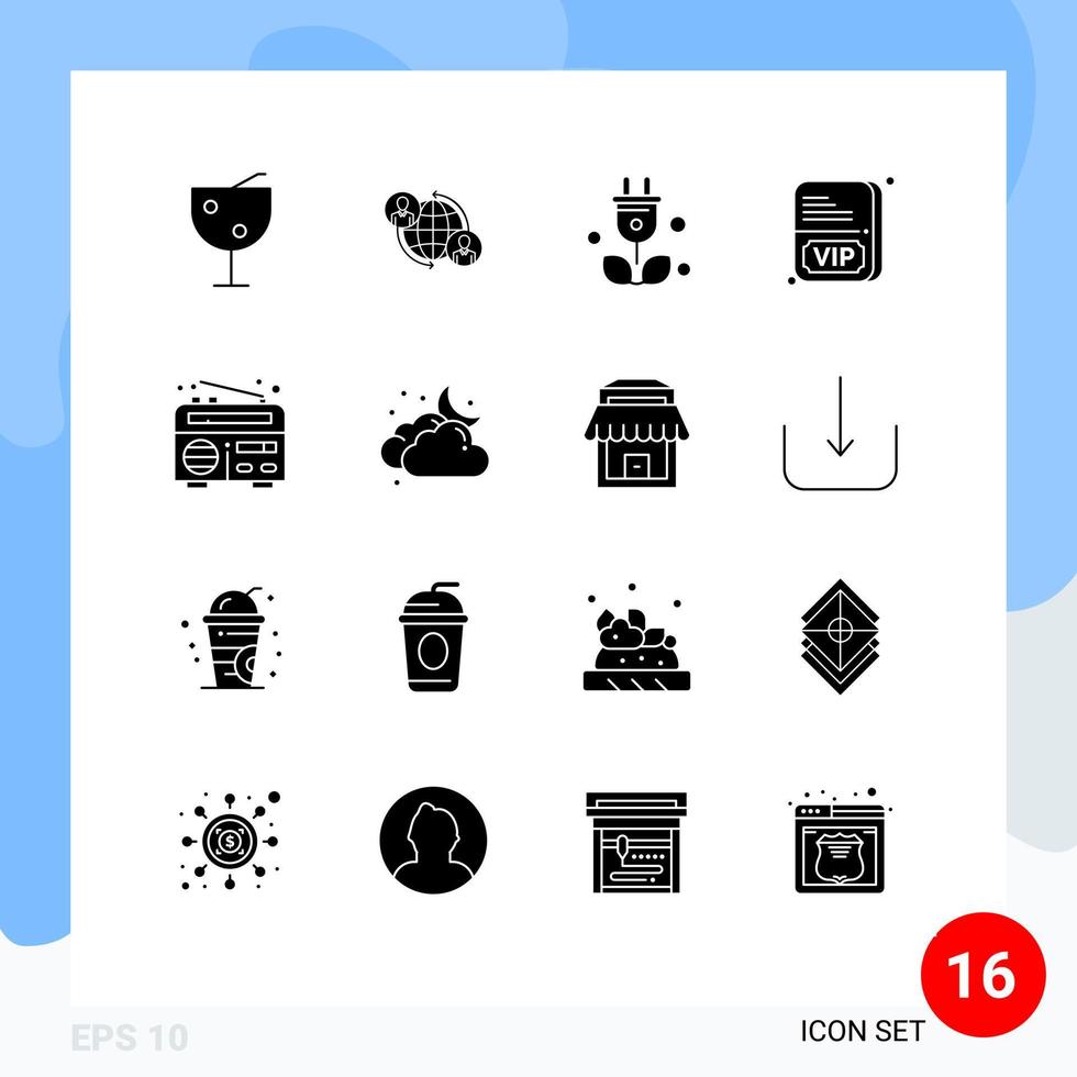 16 User Interface Solid Glyph Pack of modern Signs and Symbols of radio frequency plug vip card Editable Vector Design Elements