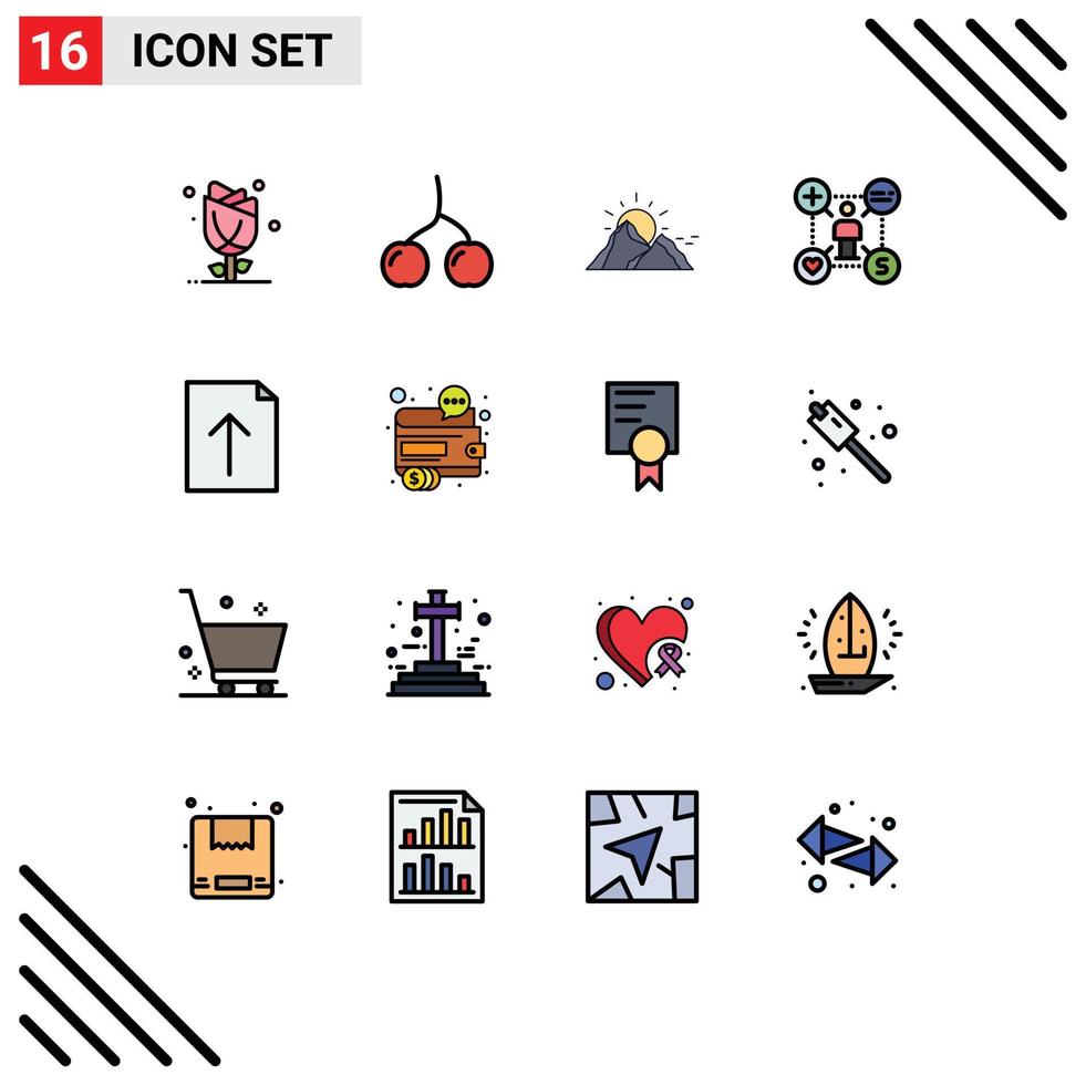 Modern Set of 16 Flat Color Filled Lines Pictograph of setting like hill talent sun Editable Creative Vector Design Elements