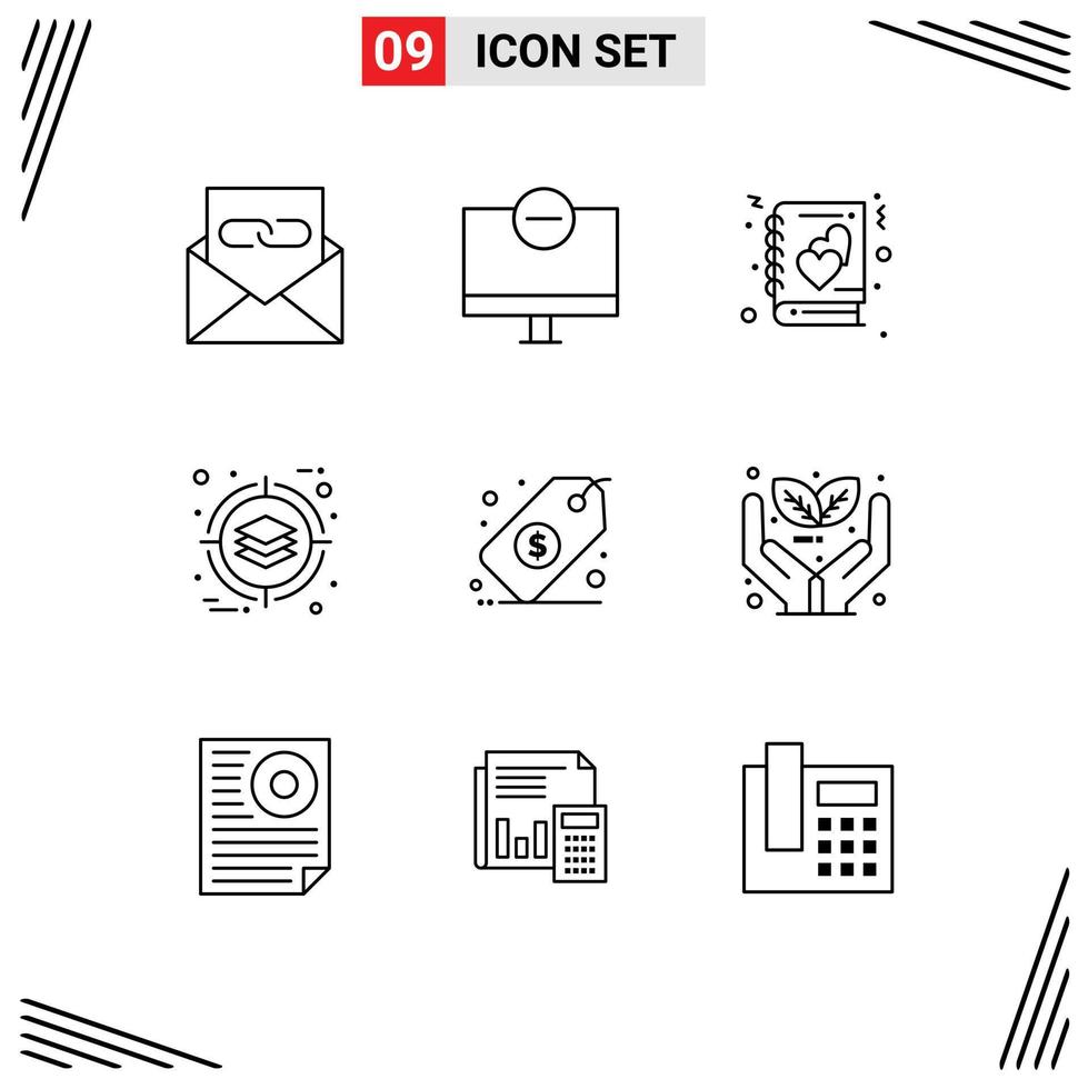 Pack of 9 Modern Outlines Signs and Symbols for Web Print Media such as product deployment hardware business notebook Editable Vector Design Elements