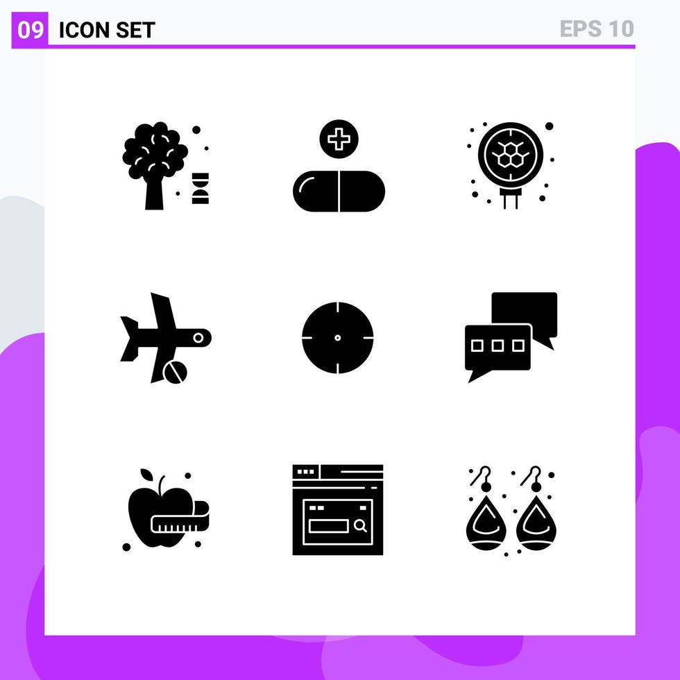 9 concepto de glifo sólido para sitios web móviles y aplicaciones objetivo transporte avión átomo cancelar elementos de diseño vectorial editables vector