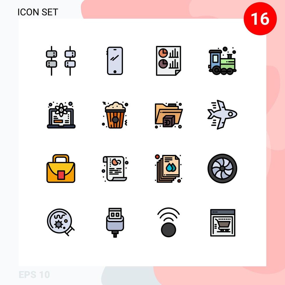 Mobile Interface Flat Color Filled Line Set of 16 Pictograms of computer train analytics toy report Editable Creative Vector Design Elements