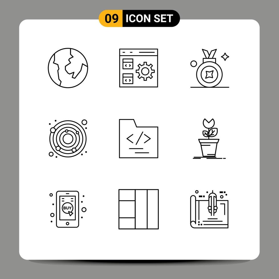 Editable Vector Line Pack of 9 Simple Outlines of adventure file award badge folder earth Editable Vector Design Elements