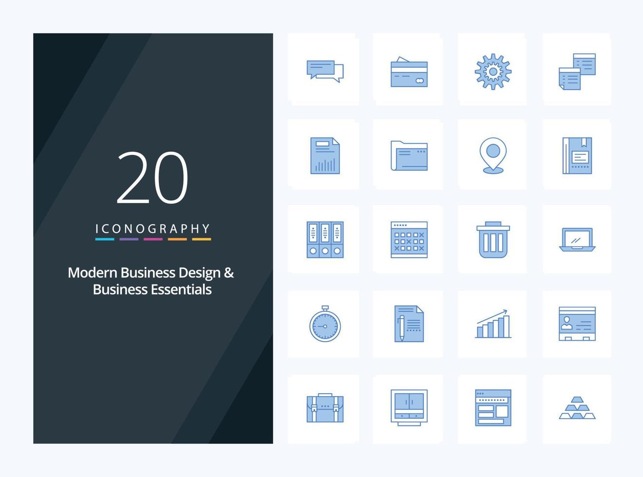 20 negocios modernos y elementos esenciales de negocios icono de color azul para la presentación vector