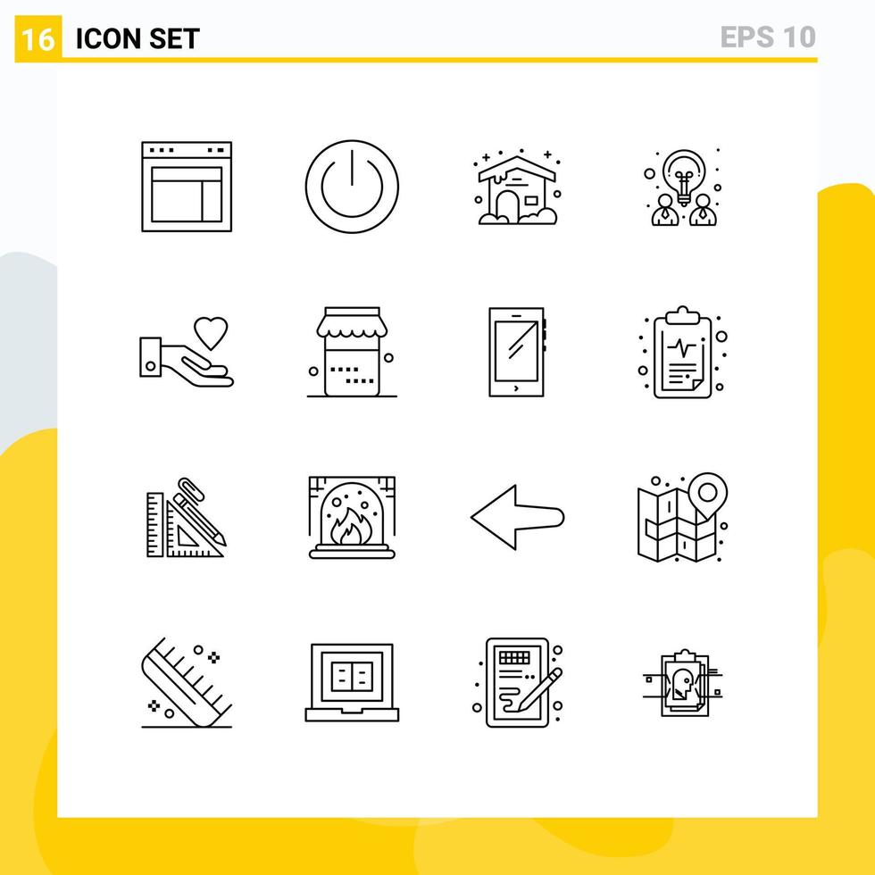 16 Universal Outlines Set for Web and Mobile Applications hand idea power design cloudy Editable Vector Design Elements