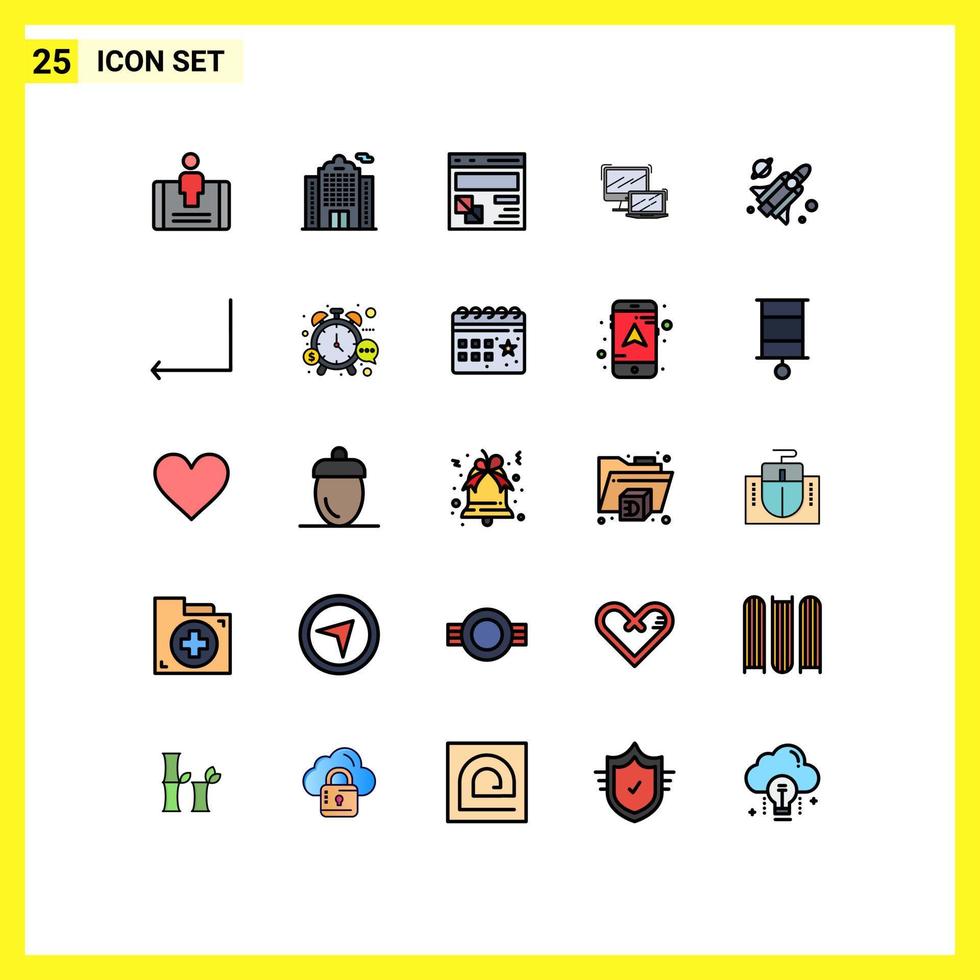 Set of 25 Vector Filled line Flat Colors on Grid for fly macbook develop laptop computer Editable Vector Design Elements