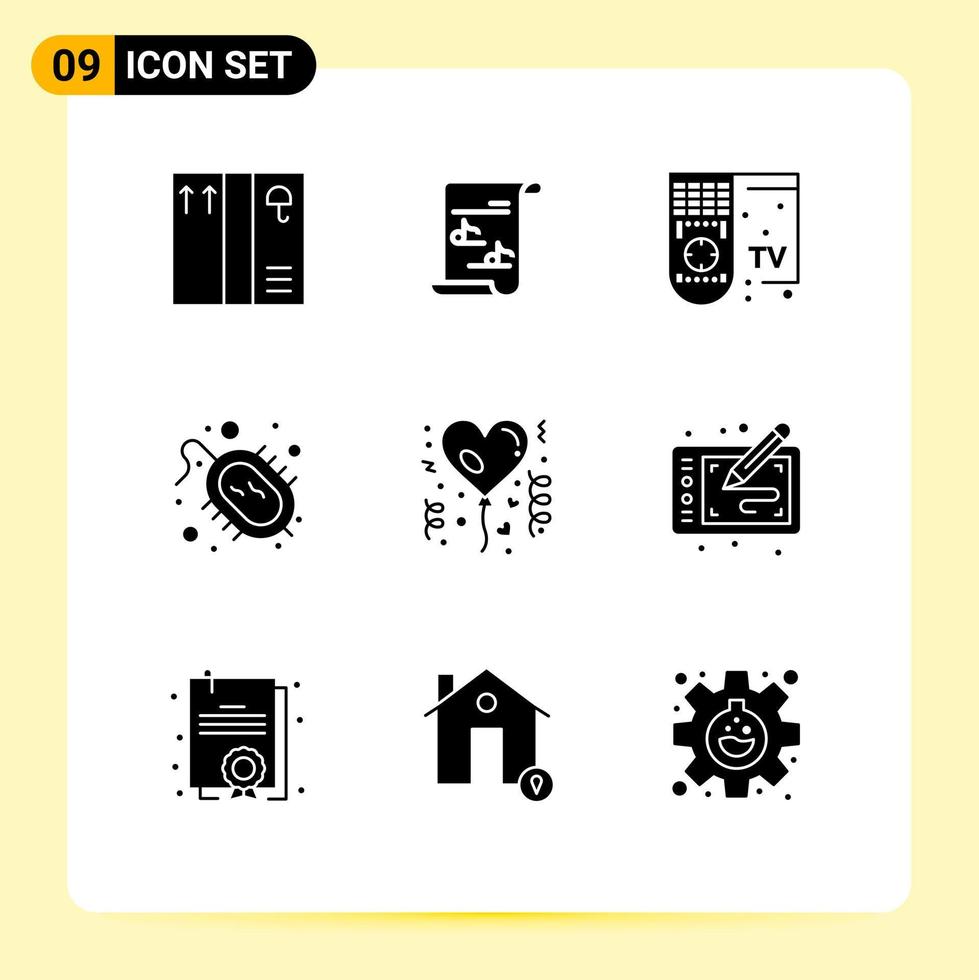 9 Solid Glyph concept for Websites Mobile and Apps celebration balloon remote affection virus Editable Vector Design Elements