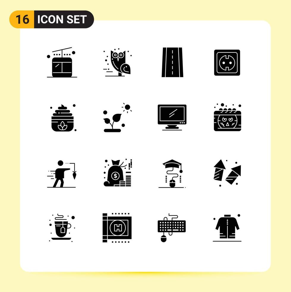 Set of 16 Vector Solid Glyphs on Grid for lotus sauna road socket plug Editable Vector Design Elements