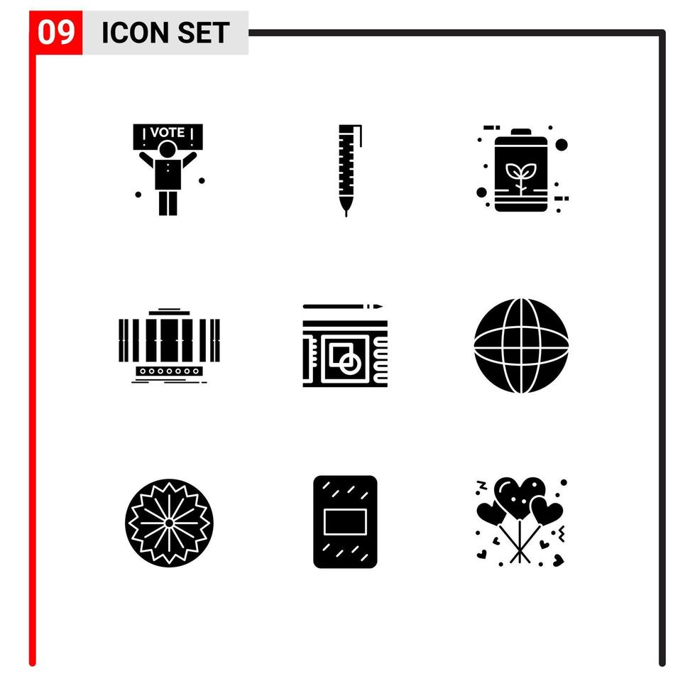 Universal Icon Symbols Group of 9 Modern Solid Glyphs of graph wind eco axis turbine Editable Vector Design Elements